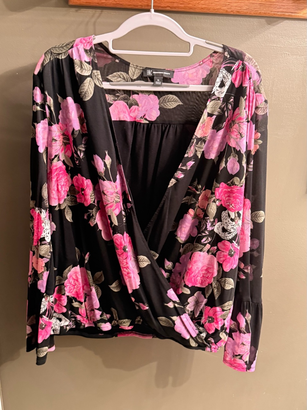 INC International Concepts Black Blouse with Pink Floral Print